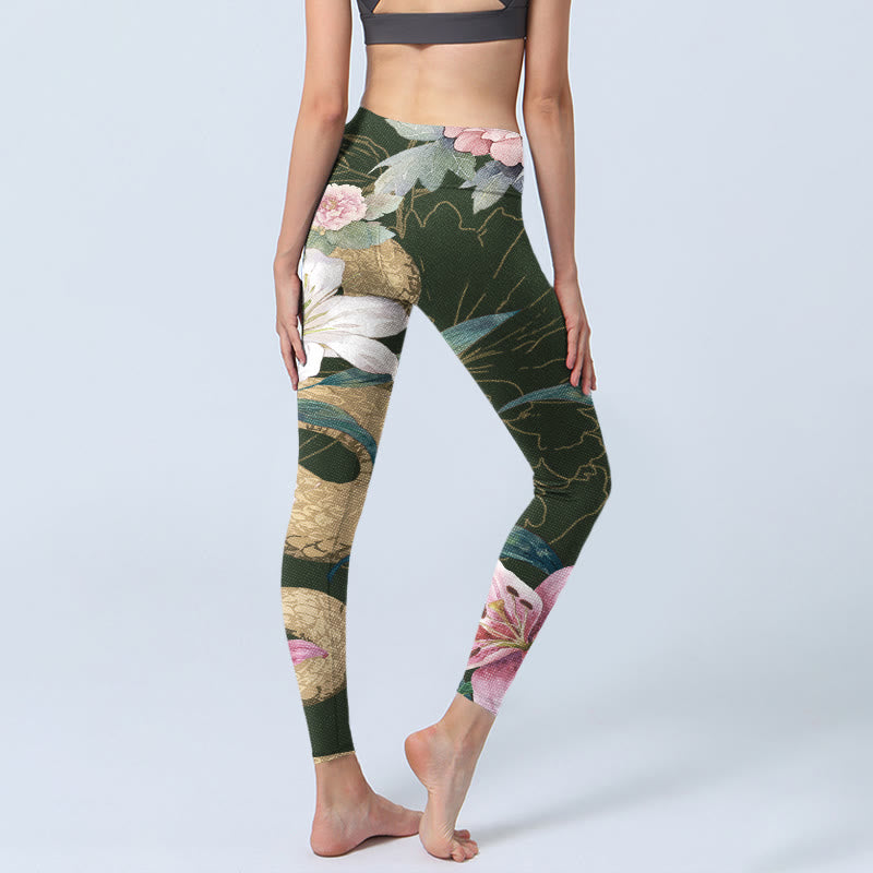 Leggings de sport à imprimé Buddha Stones, serpent doré, lys, pivoines, pantalons de yoga pour femmes - image 4