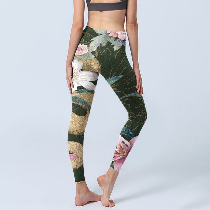 Leggings de sport à imprimé Buddha Stones, serpent doré, lys, pivoines, pantalons de yoga pour femmes - image 4