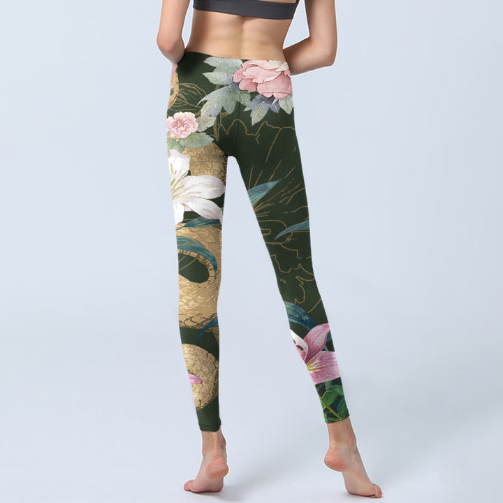 Leggings de sport à imprimé Buddha Stones, serpent doré, lys, pivoines, pantalons de yoga pour femmes - image 6