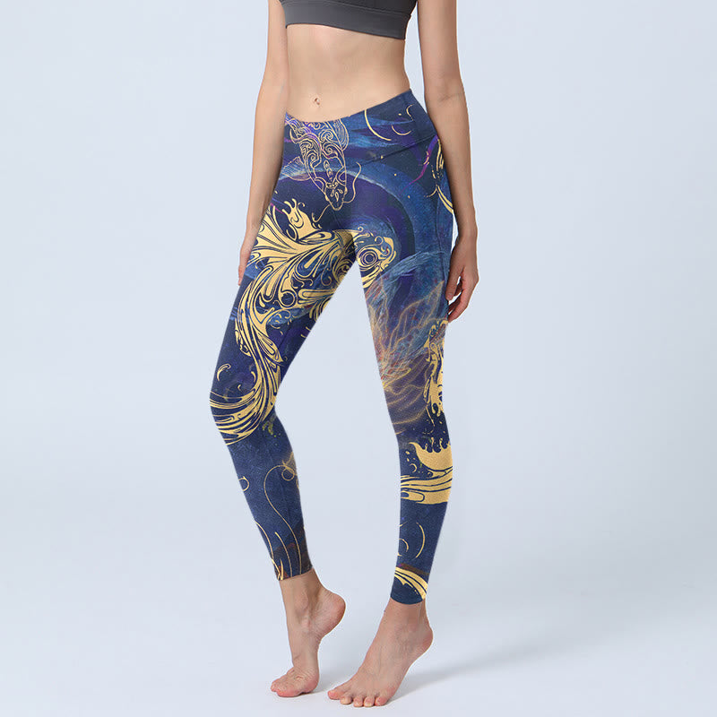 Leggings de sport à imprimé Buddha Stones Blue Koi Fish Nuages ​​de bon augure Pantalon de yoga pour femme - Bleu moyen - US18，UK/AU22，EU50 (4XL) - image 0