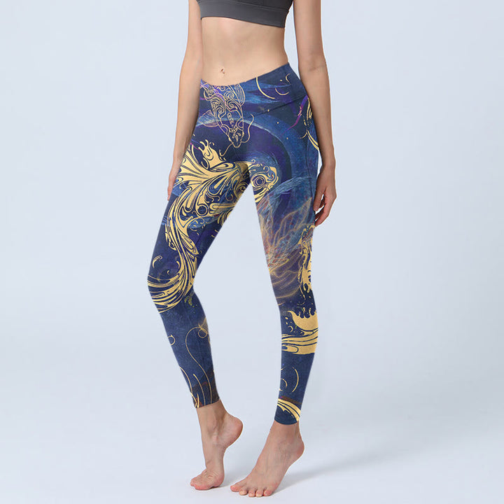 Leggings de sport à imprimé Buddha Stones Blue Koi Fish Nuages ​​de bon augure Pantalon de yoga pour femme - Bleu moyen - US18，UK/AU22，EU50 (4XL) - image 0