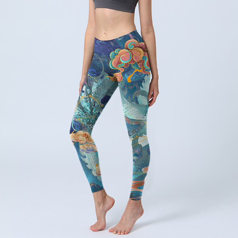 Leggings de sport à imprimé Buddha Stones Blue Dragon et nuages ​​de bon augure pour femmes - Bleu acier - US18，UK/AU22，EU50 (4XL) - image 1