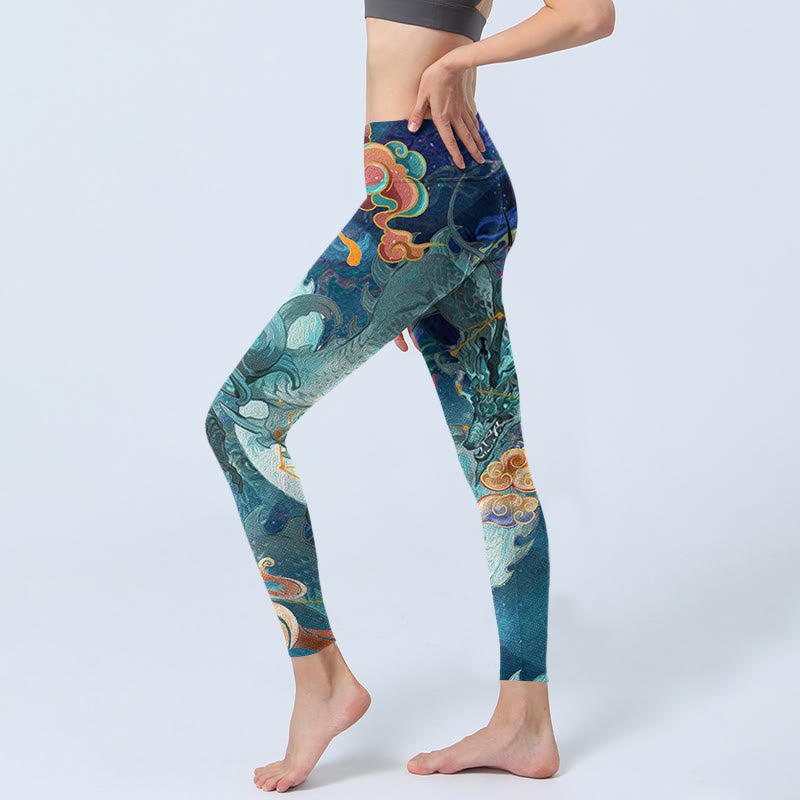 Leggings de sport à imprimé Buddha Stones Blue Dragon et nuages ​​de bon augure pour femmes - image 3