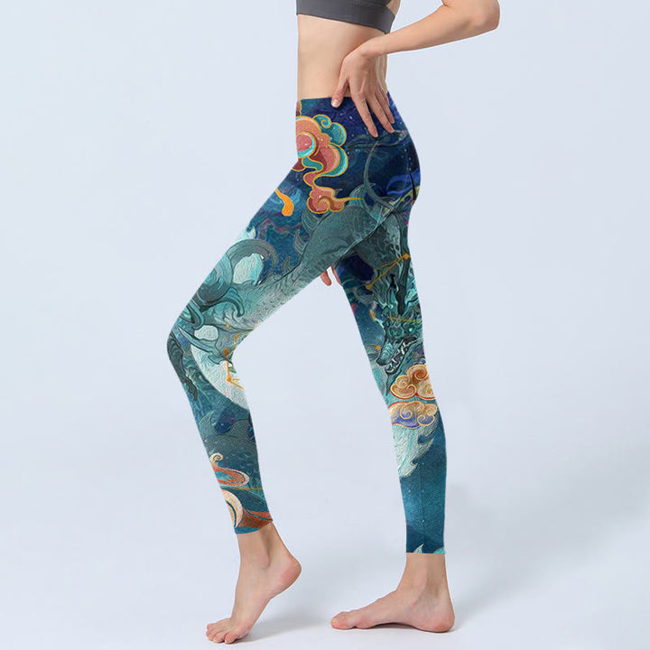 Leggings de sport à imprimé Buddha Stones Blue Dragon et nuages ​​de bon augure pour femmes - image 3