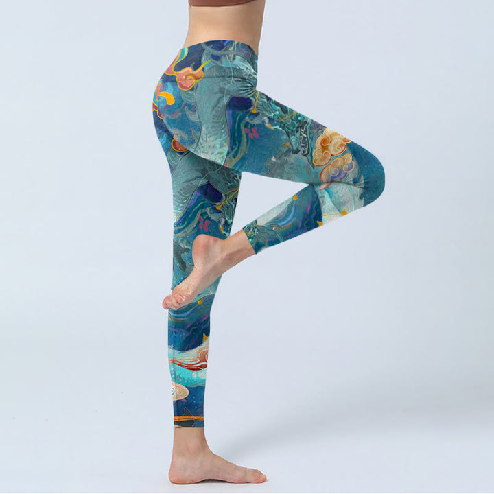 Leggings de sport à imprimé Buddha Stones Blue Dragon et nuages ​​de bon augure pour femmes - image 3
