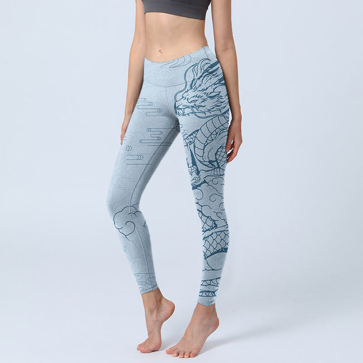 Leggings de sport à imprimé Buddha Stones Blue Soaring Dragon Swirling Clouds Pantalon de yoga pour femme - Bleu ciel clair - US18，UK/AU22，EU50 (4XL) - image 1