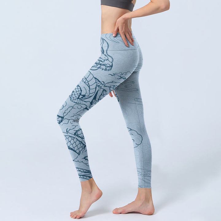Leggings de sport à imprimé Buddha Stones Blue Soaring Dragon Swirling Clouds Pantalon de yoga pour femme - image 3