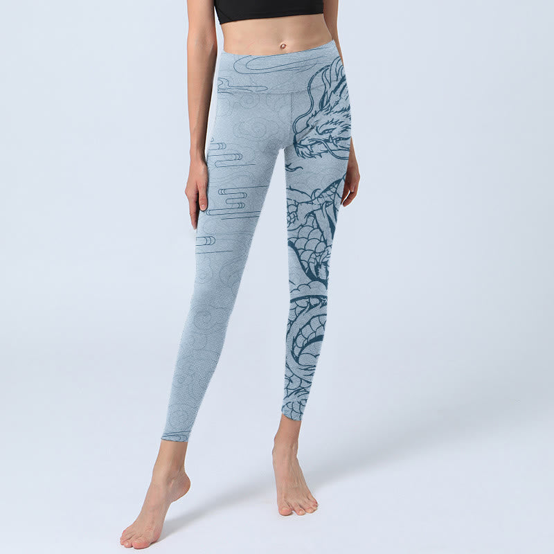 Leggings de sport à imprimé Buddha Stones Blue Soaring Dragon Swirling Clouds Pantalon de yoga pour femme - image 6