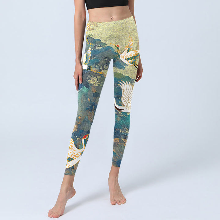 Leggings de sport à imprimé grue couronnée rouge et bleu Buddha Stones Pantalon de yoga pour femme - image 5