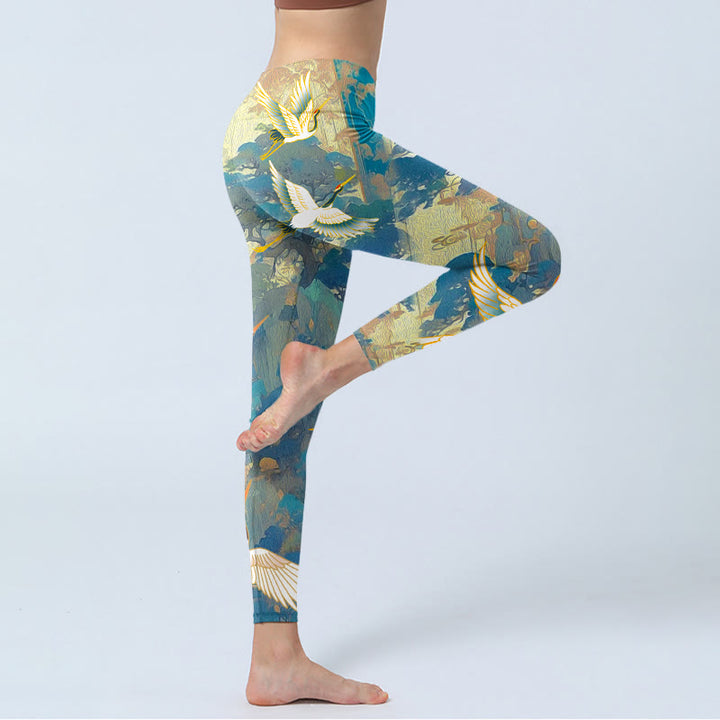 Leggings de sport à imprimé grue couronnée rouge et bleu Buddha Stones Pantalon de yoga pour femme - image 4