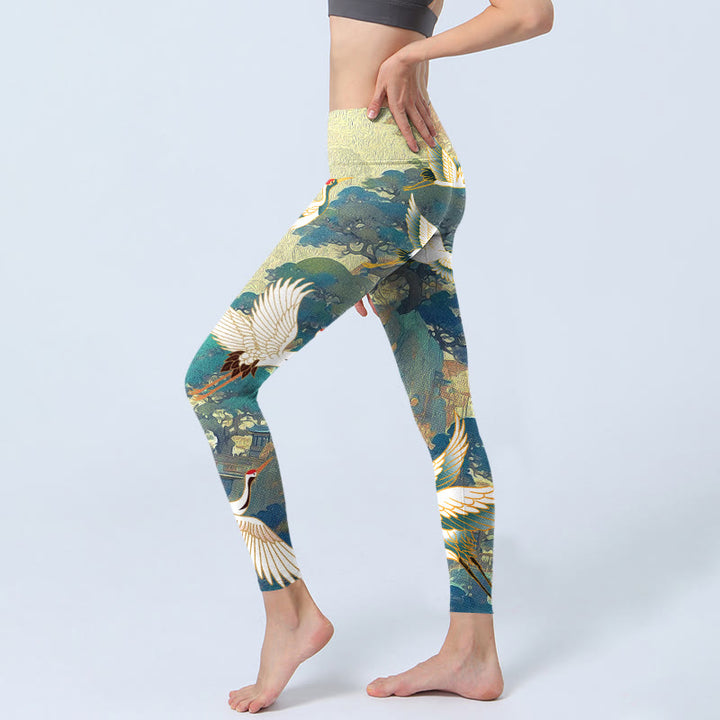 Leggings de sport à imprimé grue couronnée rouge et bleu Buddha Stones Pantalon de yoga pour femme - image 3