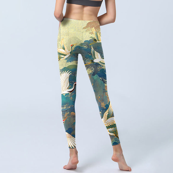 Leggings de sport à imprimé grue couronnée rouge et bleu Buddha Stones Pantalon de yoga pour femme - image 7