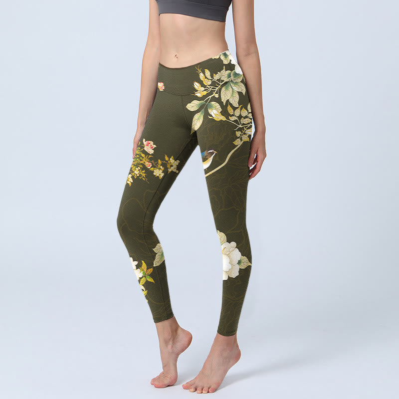 Pantalon de yoga pour femme avec imprimé fleurs de magnolia noires Buddha Stones - Noir - US18，UK/AU22，EU50 (4XL) - image 1