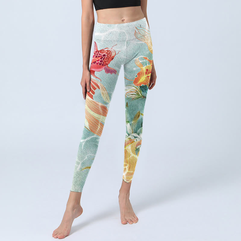 Leggings de sport imprimés Buddha Stones Green Koi Fish White Lotus Water Ripples Pantalons de yoga pour femmes - image 5
