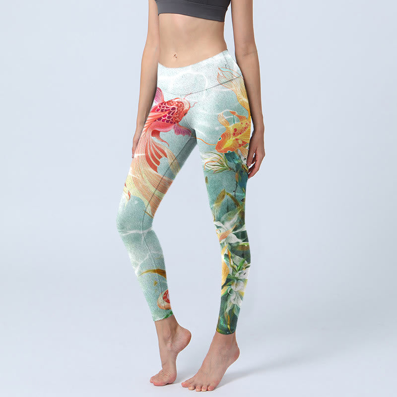 Leggings de sport imprimés Buddha Stones Green Koi Fish White Lotus Water Ripples Pantalons de yoga pour femmes - Melon miellat - US18，UK/AU22，EU50 (4XL) - image 0