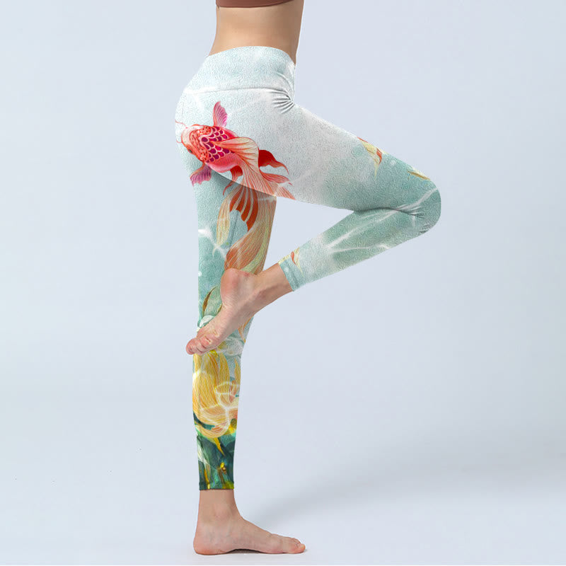 Leggings de sport imprimés Buddha Stones Green Koi Fish White Lotus Water Ripples Pantalons de yoga pour femmes - image 3