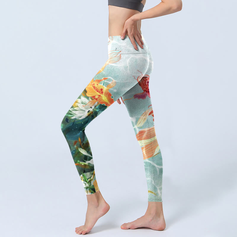 Leggings de sport imprimés Buddha Stones Green Koi Fish White Lotus Water Ripples Pantalons de yoga pour femmes - image 3