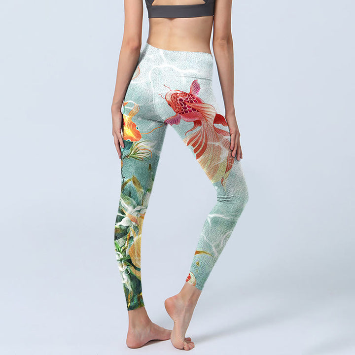 Leggings de sport imprimés Buddha Stones Green Koi Fish White Lotus Water Ripples Pantalons de yoga pour femmes - image 5
