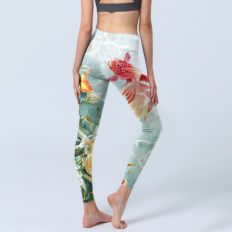 Leggings de sport imprimés Buddha Stones Green Koi Fish White Lotus Water Ripples Pantalons de yoga pour femmes - image 4