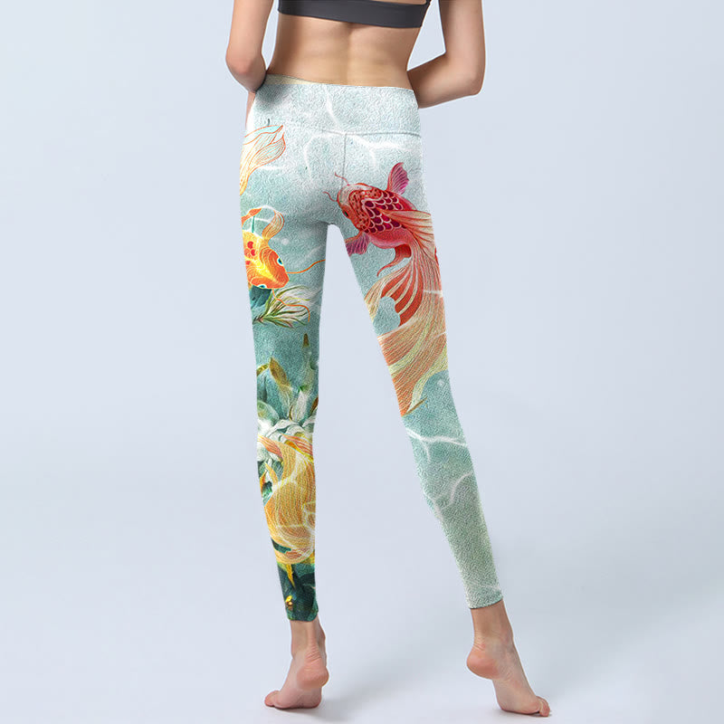 Leggings de sport imprimés Buddha Stones Green Koi Fish White Lotus Water Ripples Pantalons de yoga pour femmes - image 7