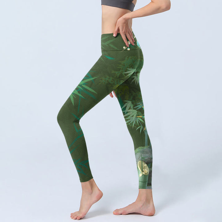 Pantalon de yoga pour femme avec imprimé fleurs de roche en bambou vert et Buddha Stones - image 3