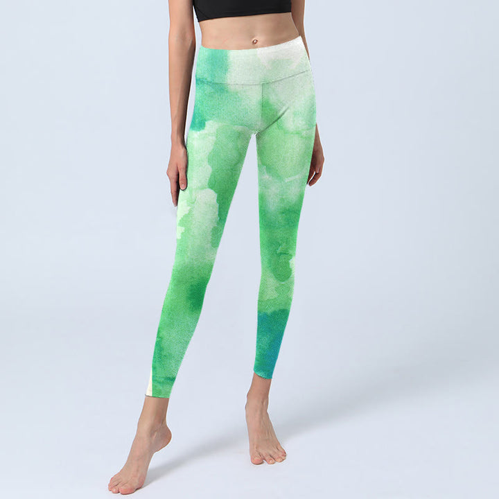 Leggings de sport à motif délavé à l'encre verte Buddha Stones Pantalon de yoga pour femme - image 6