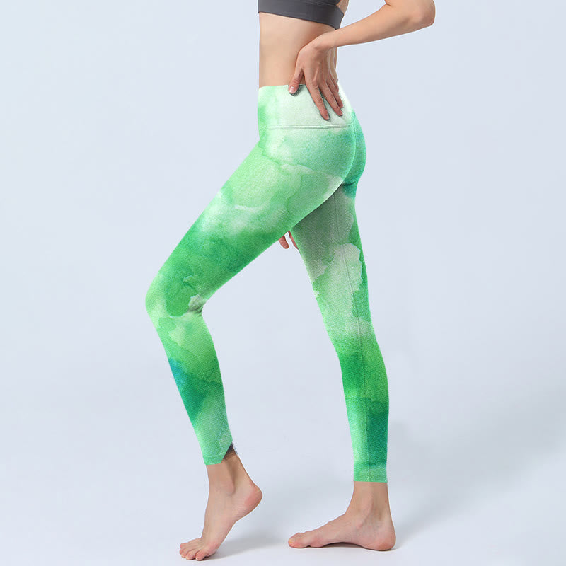 Leggings de sport à motif délavé à l'encre verte Buddha Stones Pantalon de yoga pour femme - image 3