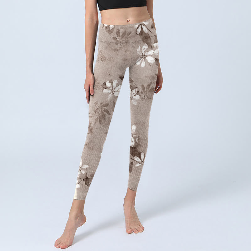 Leggings de sport à motifs de fleurs blanches et brunes Buddha Stones Pantalons de yoga pour femmes - image 5