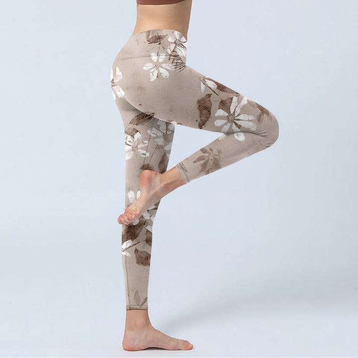 Leggings de sport à motifs de fleurs blanches et brunes Buddha Stones Pantalons de yoga pour femmes - image 4