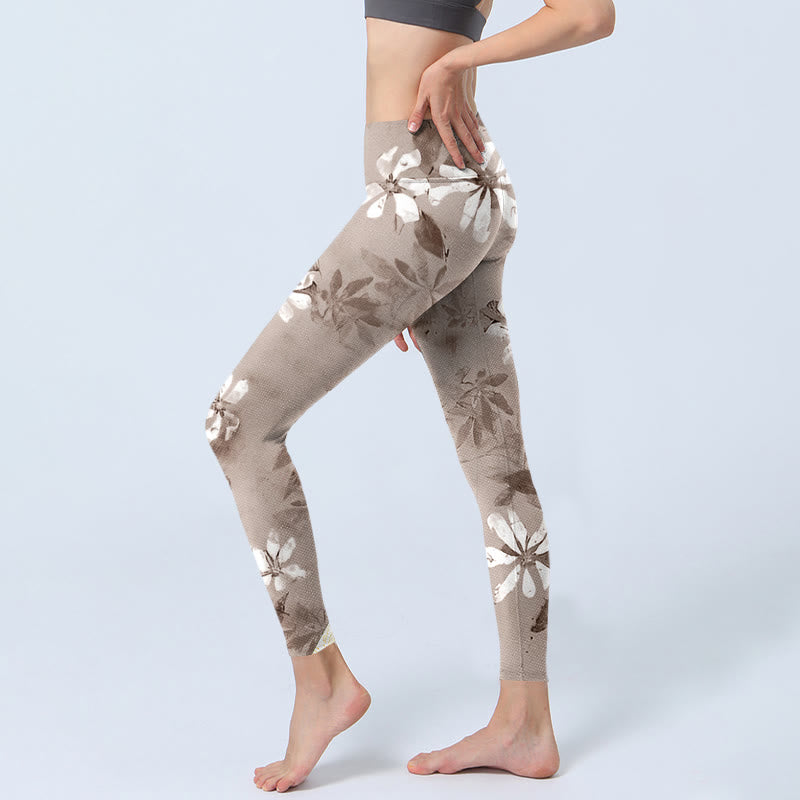 Leggings de sport à motifs de fleurs blanches et brunes Buddha Stones Pantalons de yoga pour femmes - image 3