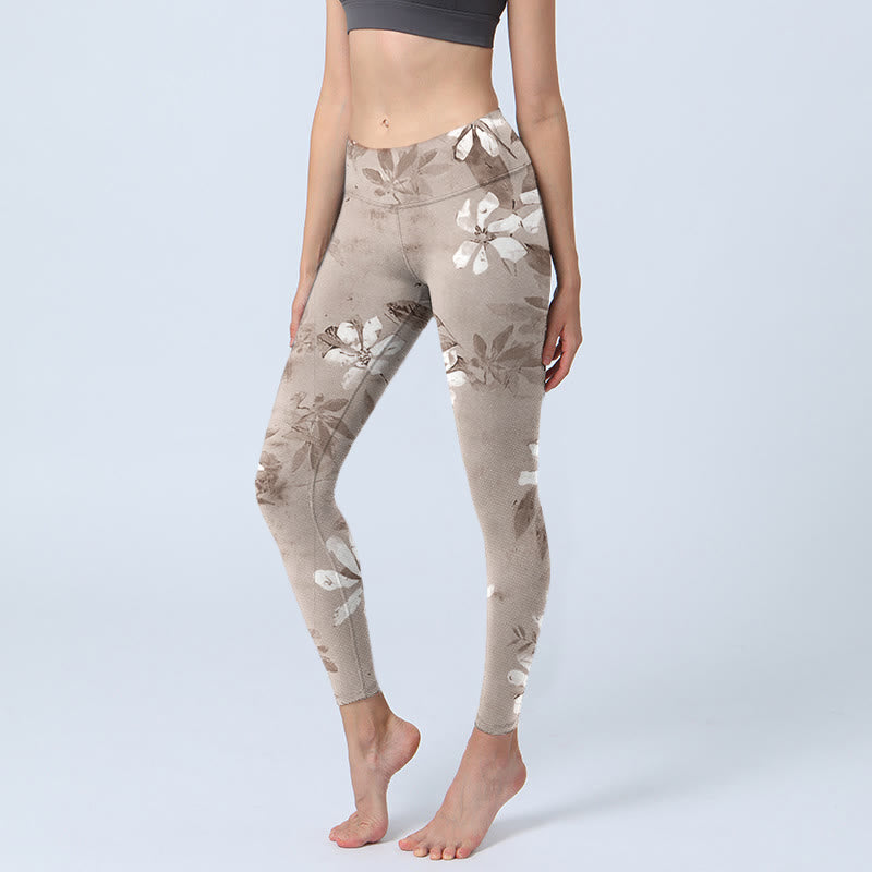 Leggings de sport à motifs de fleurs blanches et brunes Buddha Stones Pantalons de yoga pour femmes - BurlyWood - US18，UK/AU22，EU50 (4XL) - image 0