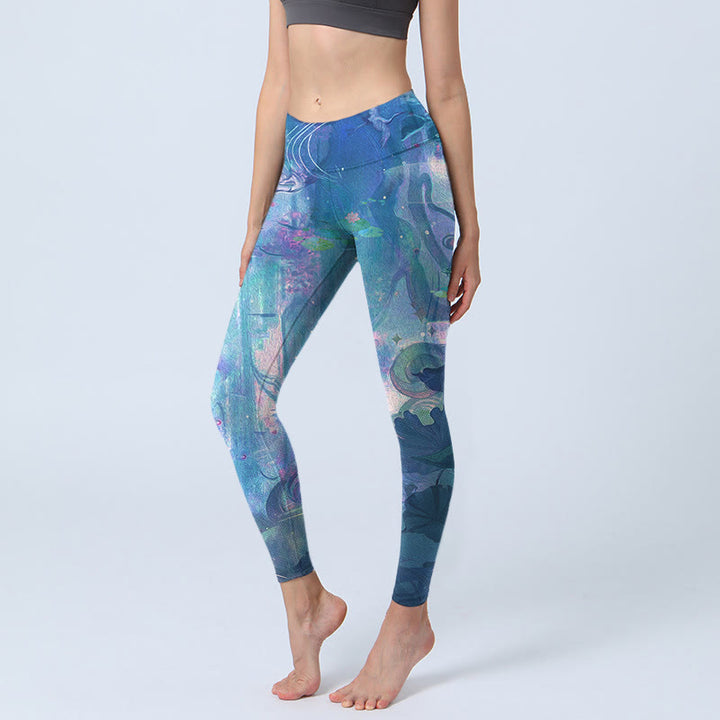 Leggings de sport pour femmes Buddha Stones, fleurs de lotus, feuilles, oiseaux - Bleu royal - US18，UK/AU22，EU50 (4XL) - image 1