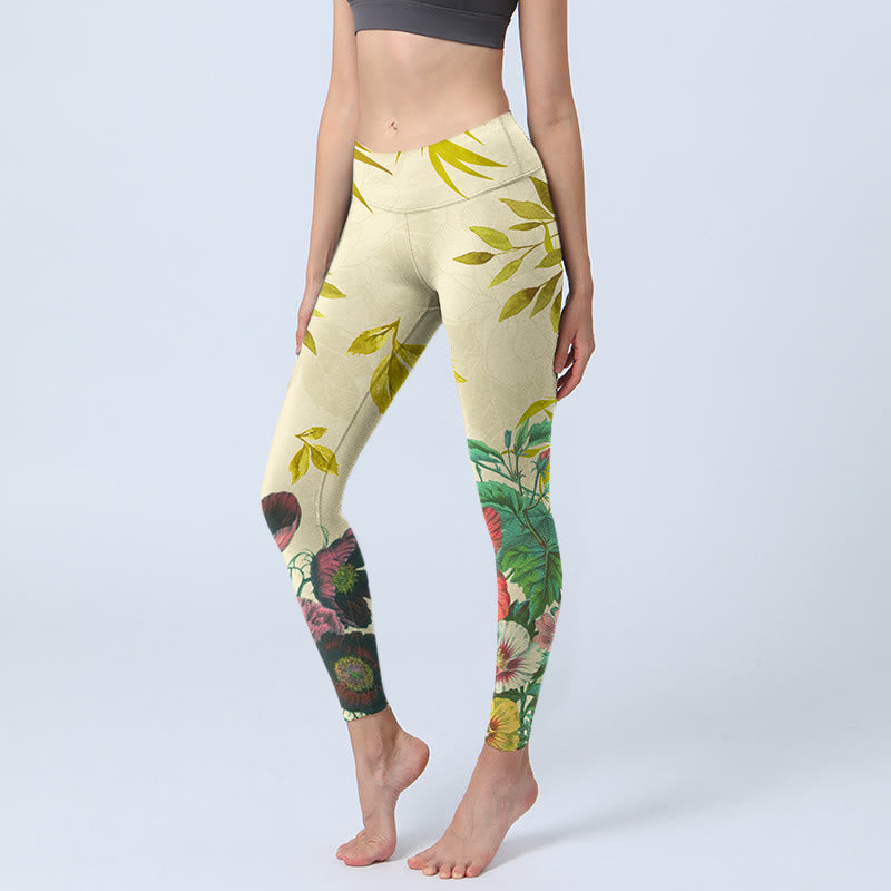 Leggings de sport pour femmes Buddha Stones vertes dorées et fleurs colorées - Kaki - US18，UK/AU22，EU50 (4XL) - image 0