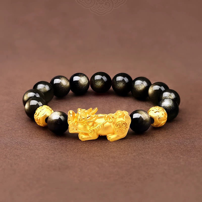 Bracelet de richesse en Buddha Stones naturelle dorée et brillante PiXiu Om Mani Padme Hum