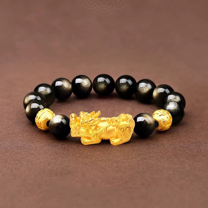 Bracelet de richesse en Buddha Stones naturelle dorée et brillante PiXiu Om Mani Padme Hum