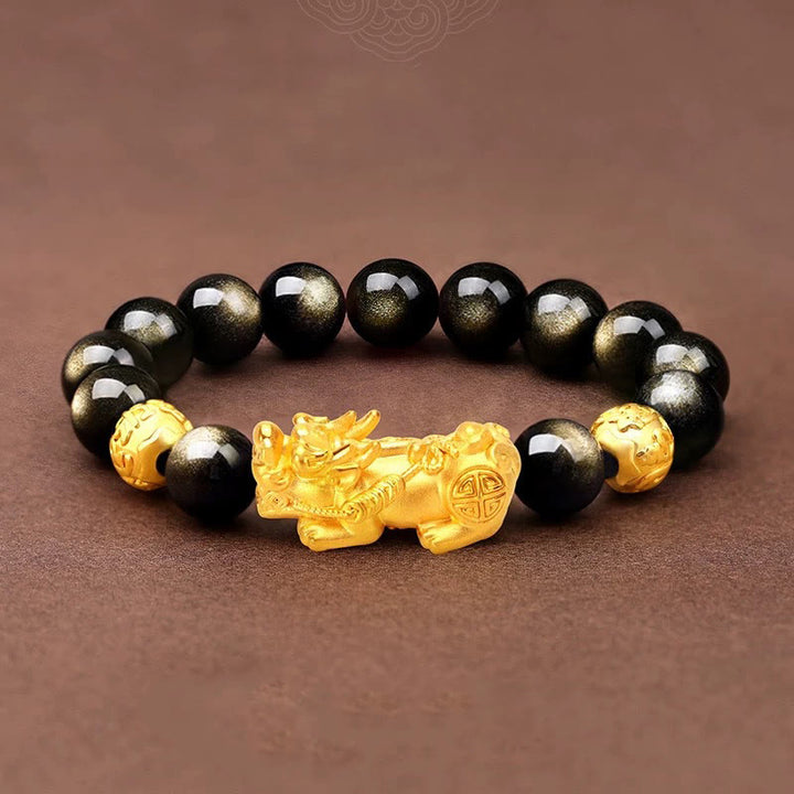 Bracelet de richesse en Buddha Stones naturelle dorée et brillante PiXiu Om Mani Padme Hum