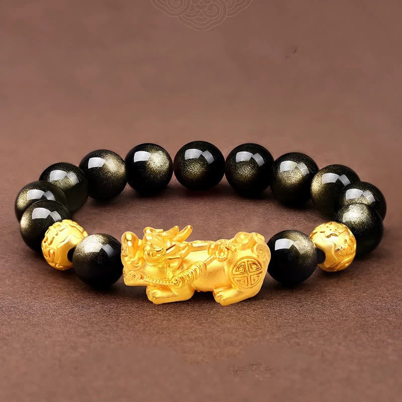 Bracelet de richesse en Buddha Stones naturelle dorée et brillante PiXiu Om Mani Padme Hum