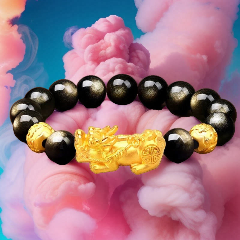 Bracelet de richesse en Buddha Stones naturelle dorée et brillante PiXiu Om Mani Padme Hum