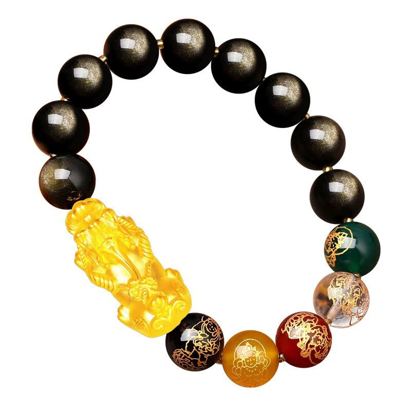 Bracelet de protection PiXiu en obsidienne naturelle dorée et brillante Buddha Stones et dieux des cinq directions