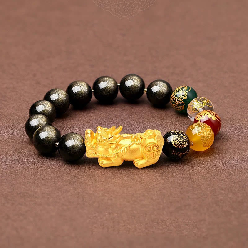 Bracelet de protection PiXiu en obsidienne naturelle dorée et brillante Buddha Stones et dieux des cinq directions