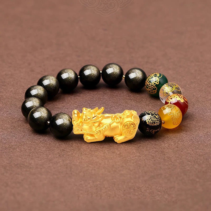 Bracelet de protection PiXiu en obsidienne naturelle dorée et brillante Buddha Stones et dieux des cinq directions