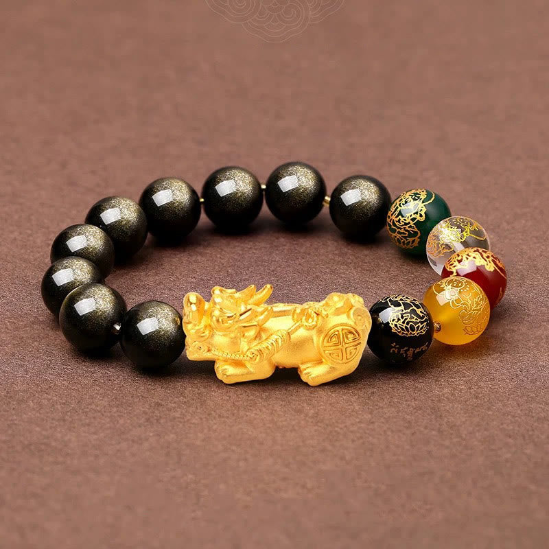 Bracelet de protection PiXiu en obsidienne naturelle dorée et brillante Buddha Stones et dieux des cinq directions