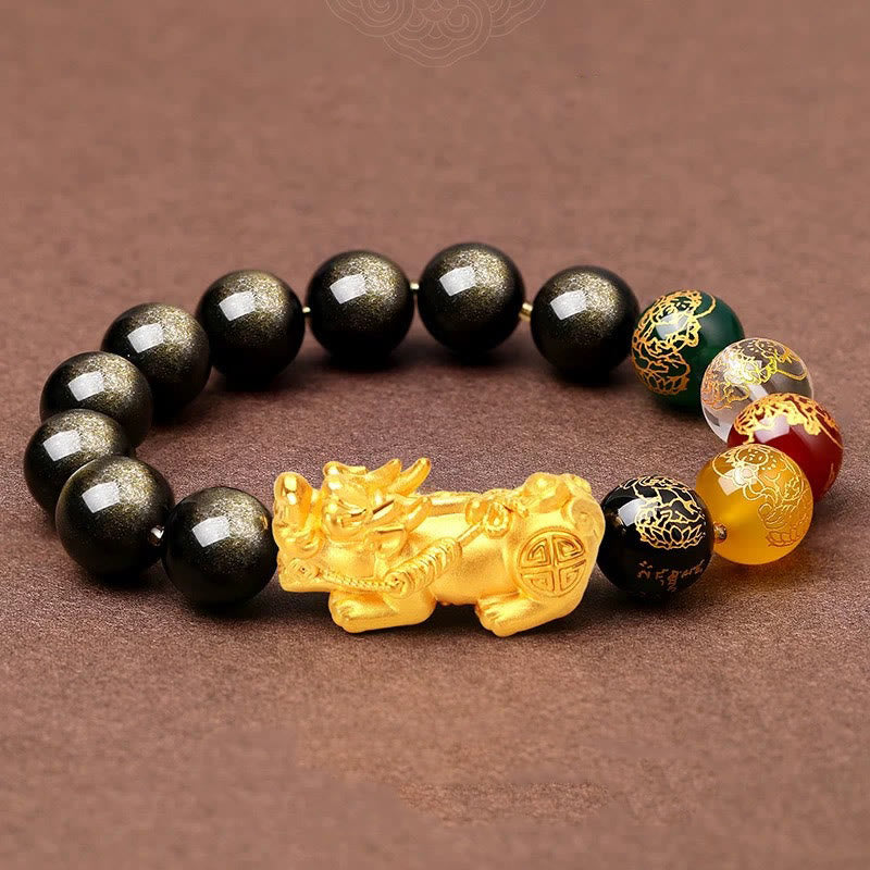 Bracelet de protection PiXiu en obsidienne naturelle dorée et brillante Buddha Stones et dieux des cinq directions