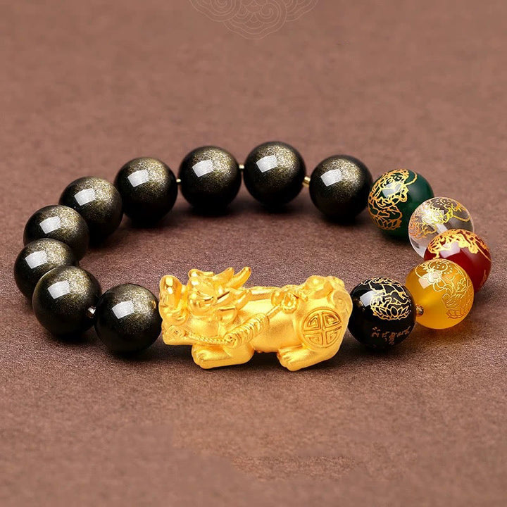 Bracelet de protection PiXiu en obsidienne naturelle dorée et brillante Buddha Stones et dieux des cinq directions
