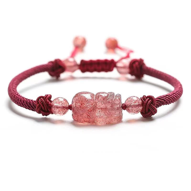 Bracelet de protection tressé en fil rouge PiXiu en quartz fraise naturel Buddha Stones