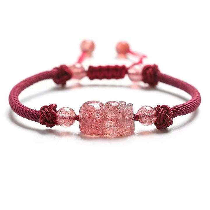 Bracelet de protection tressé en fil rouge PiXiu en quartz fraise naturel Buddha Stones