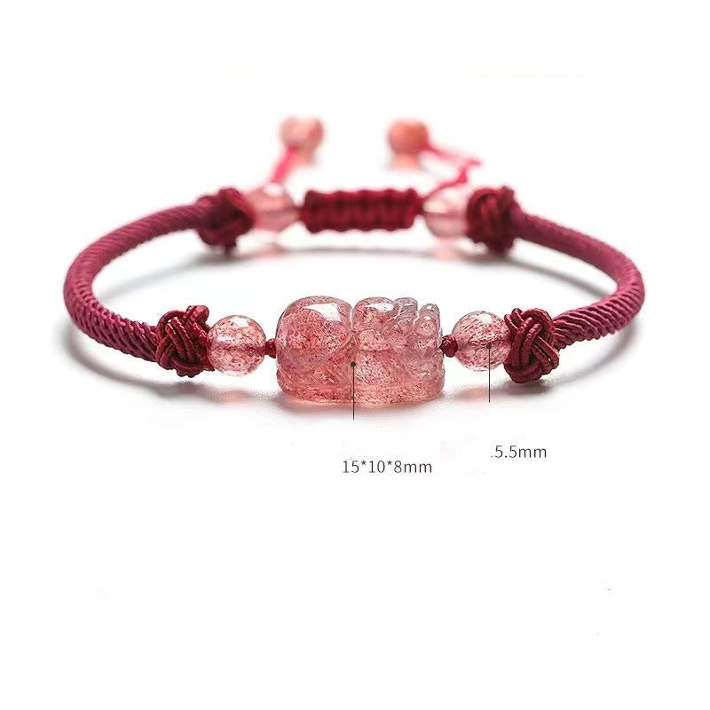 Bracelet de protection tressé en fil rouge PiXiu en quartz fraise naturel Buddha Stones