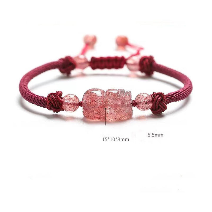 Bracelet de protection tressé en fil rouge PiXiu en quartz fraise naturel Buddha Stones