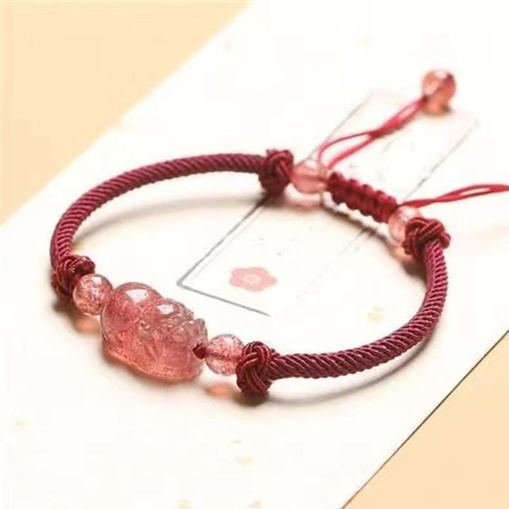 Bracelet de protection tressé en fil rouge PiXiu en quartz fraise naturel Buddha Stones
