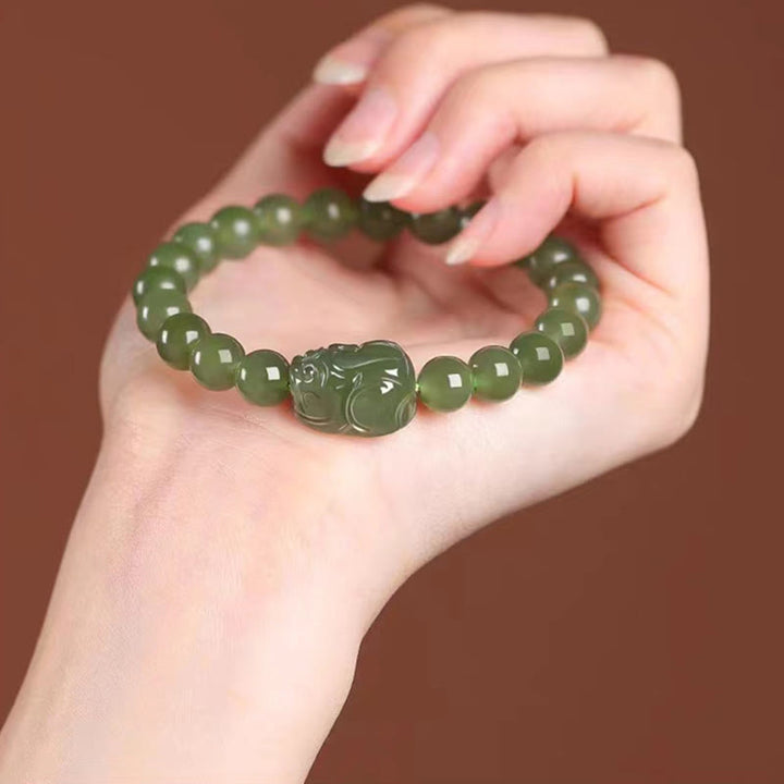 Bracelet porte-bonheur sculpté en jade naturel Hetian PiXiu Buddha Stones